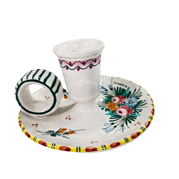 Mancini Other - Italian Hand Painted Candle Stick Holder Pottery Ceramic Floral Signed White